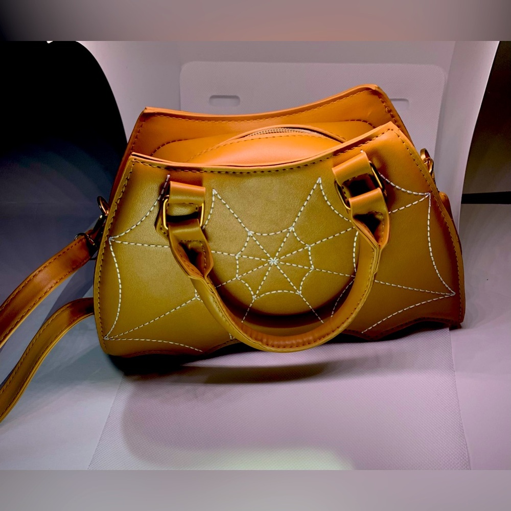 Spiderweb purse, tan light brown shoulder bag batwing shaped spider bag goth emo